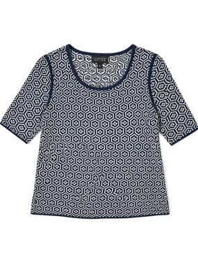 Navy Geo Print Knit Top Short Sleeve Stretch Blouse Size XL